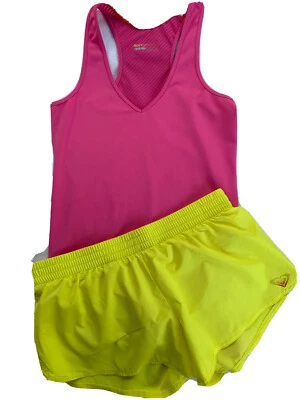 Pantalones Cortos Roxy Athletix Junior Pequeños Amarillo Nylon Rosa Espalda Corredora Tanque Foto 1 de 4