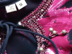 BlkSheerFauxSilkHotPinkFloralPartyPantsSuitSizeS