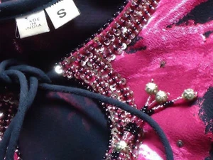 SheerBeadedBlackFauxSilkHotPinkFloralPartyPantsComboSizeSasNEW - Picture 1 of 5