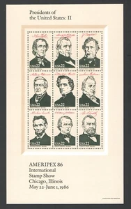 UnUsed 1986 AMERIPEX Stamp Show Sheet #II U.S. Presidents 22 Cent US Stamps - Picture 1 of 2