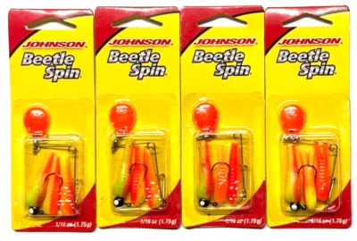 4 УПАКОВКИ Johnson Beetle Spin 1/16 унции оранжевый шартрез с неоновым красным лезвием 3 штуки - Изображение 1 из 4
