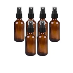 6 Amber 1oz Boston Round Glass Bottle Black Spray Fine Ribbed Mist Sprayer 30ml - Picture 1 of 4