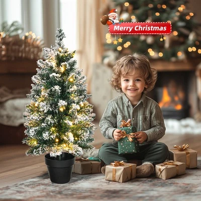 FCH 2Ft 30 LED Light Christmas Tree with Pot Tabletop Small Flocking Snow Xmas Tree