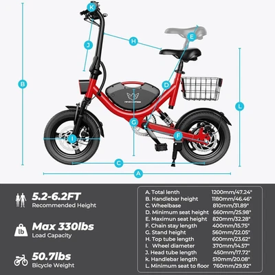 Bicicleta Eléctrica Plegable 14" 715W 36V Cercanías Adulto Hasta 35 Millas 330lbs Foto 1 de 4