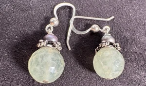 Sterling Silver 925 Green Faceted Prehnite & Pearl French Hook Dangle Earrings - Picture 1 of 5