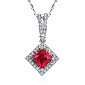 925 Solid Sterling Silver 2.4 CT Princess Cut Ruby Gemstone Pendant Necklace 18" - Picture 1 of 5
