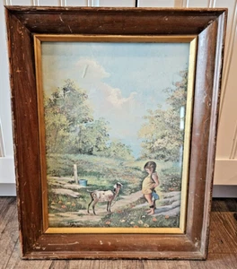 Seltener Vintage Mädchen und Ziege gerahmter Litho-Druck 1970er Jahre Cafa-Tornabene Marylle - Bild 1 von 9
