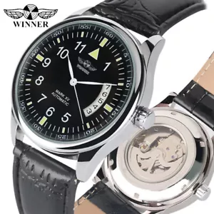 WINNER Automatic Mechanical Watch for Men Steel Case Leather Band Military Style - Picture 1 of 12