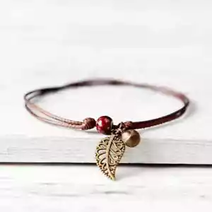 Boho Leaf, Stone, Adjustable Anklet Bracelet With Leather Rope - Picture 1 of 3