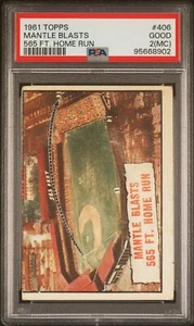 1961 TOPPS #406 MICKEY MANTLE BLASTS 565 FT. HOME RUN YANKEES PSA 2 (MC) - Foto 1 di 2