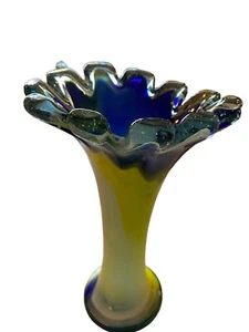 Vaso vintage MCM grande stile Murano in vetro artistico blu giallo 11 1/2” soffiato a mano - Foto 1 di 9