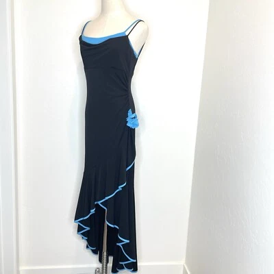 Y2K Blondie Nites Mermaid Hem Maxi Dress Womens 9 Black Blue Ruffled Hi Lo - Image 1 of 4