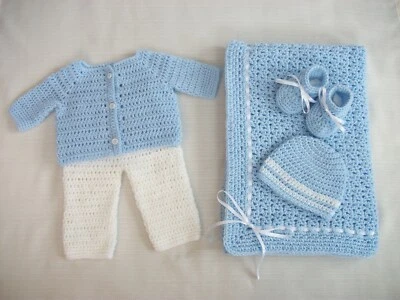 Crochet Baby Set-Blanket Sweater Pants Hat Booties 0-3m Boy Handmade Shower Gift - Image 1 of 4