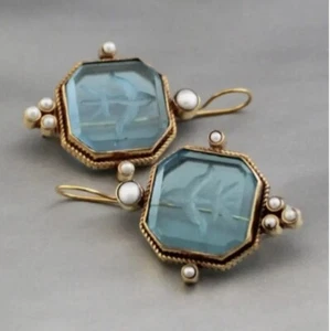 Intaglio Museum Edwardian Earrings Quartz Green Pearl Gold Flower Aqua Blue - Picture 1 of 8
