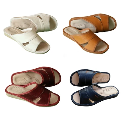 Leather Slippers for Women Natural Mules Slip On Open Sandals Slides Size 3-8 UK