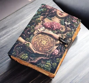 Handcrafted Genuine Leather Journal 7x5 with Handmade Paper Intricate Art Design - Picture 1 of 5