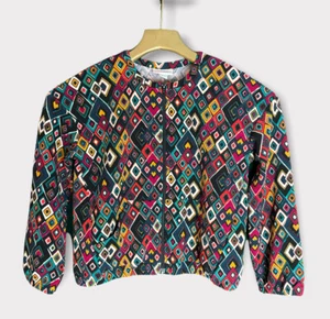 Chaqueta para niña Lularoe multicolor talla 12 nuevos bolsillos estampado diamante cremallera recortada - Imagen 1 de 4