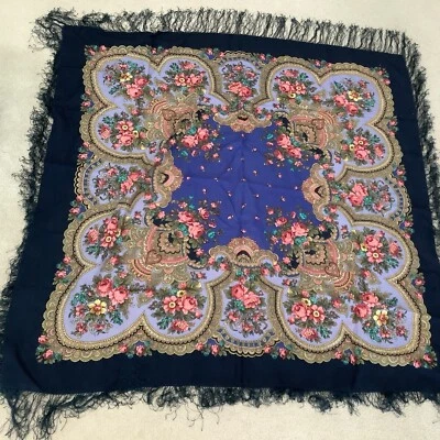 Pavlovo Posad Mantón Azul 100% Lana Bufanda Flecos 49” Cuadrado NUEVO Orig. $199 Foto 1 de 2