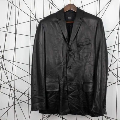 HUGO BOSS Men's Black Leather Lambskin AROMO Three Buttons Blazer Jacket Size 48 - Image 1 of 4
