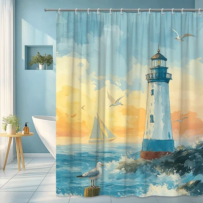 Faro Océano Amanecer Gaviotas Costero Náutico Olas de Mar Arte Cortina de Ducha Foto 1 de 4