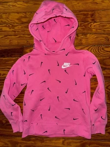 Nike Hoodie Youth Girls Size Small Pink All Over Logo Pattern Standard Fit - Picture 1 of 11