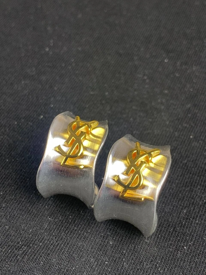 Yves Saint Laurent YSL Logo Two-Tone Gold Monogram Hoop Earrings - Image 1 of 4