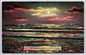 Moonlight, Atlantic City, New Jersey Vtg Linen Postcard Ocean Waves at Night - Picture 1 of 2