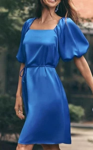 NEW ANN TAYLOR DAZZLING BLUE PUFF SLEEVE SQUARE NECK DRESS SZ 6 - Picture 1 of 7