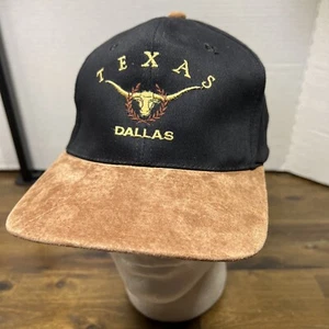 Dallas Texas Longhorn Embroidery Black Twill Tan Suede Bill Strap Back KC Caps - Picture 1 of 11