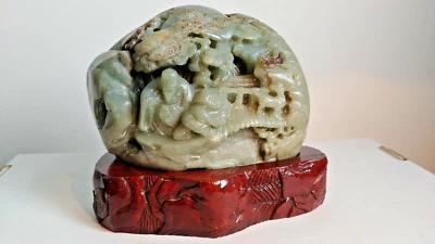 JADE 中国雕刻;老人;桥;狗雕像 — 第 1/4 张图片