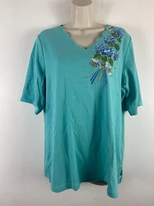 Quacker factory UK size medium Green short sleeve top with embroydered flowers - Picture 1 of 11
