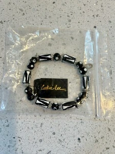 COOKIE LEE Hand Painted Black & White Glass Bead Bracelet - New in Bag Obsolete - Picture 1 of 4