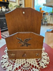 LEBECO WOODEN MAIL LETTER /NOTE HOLDER WALL MOUNT WITH DRAWER EAGLE AND STARS - Picture 1 of 5