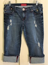 Baby Phat Sz. 13 Juniors Cuffed Stretch Denim Capri's Distressed Embroid. Blue