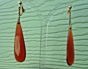 Gold & Amber Earrings 9ct Yellow LONG Drop Dangly Vintage c1960s Screw Backs - Picture 1 of 6