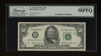 DBR 1981-A $50 FRN New York Fr. 2121-B Legacy 58 PPQ Serial B03944951A - Image 1 of 2