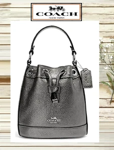 COACH CE589 Dempsey MINI SILVER METALLIC GUNMETAL Leather Drawstring Bucket Bag - Picture 1 of 17