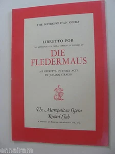 Libreto de ópera Die Fledermaus Johann Strauss 1956 Metropolitan Opera Record Club - Imagen 1 de 1
