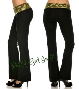 USA New FOLD OVER WAIST GREEN BLACK ARMY CAMO CAMOUFLAGE YOGA PANTS LEGGINGS S M - Picture 1 of 1