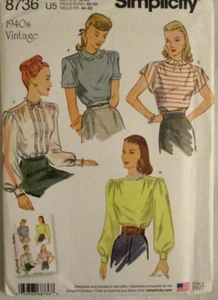 VINTAGE 40'S REPRINT ~SIMPLICITY 8736 SEWING PATTERN~MISSES BLOUSES~SZ 16-24 - Picture 1 of 3