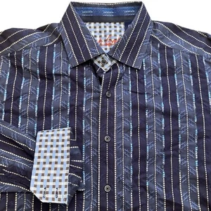 Robert Graham Shirt Medium Blue Mens Button Up Embroidered Diamond Flip Cuff - Picture 1 of 11