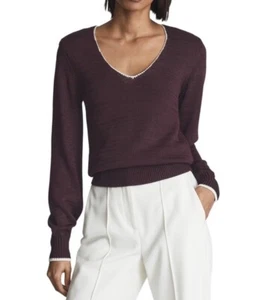 REISS Talia Tipped V-Neck Contract Trim Sweater In Eggplant/White Sz M New - Picture 1 of 8
