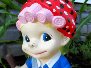 1970's Vintage Pottery Garden Gnome Elf with Pink Hair Rollers & Red Scarf - Picture 1 of 11