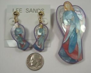 Lee Sands Shell Inlaid Angel Brooch & Earring (clip drops) Set 