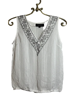 Gucci Womans Semi Sheer Silk Blend Ivory Beaded V Neck Tank Small Italy - Image 1 of 4
