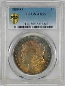 Moneda de dólar de plata Morgan 1880-O $1 graduación profesional AU55 **Tonificación arco iris** - Imagen 1 de 2
