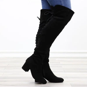 Niedriger Absatz Overknee Stiefel Kunst-Wildleder hinten Damen Schnürung schwarz über dem Knie - Bild 1 von 16