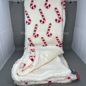 Christmas Candy Cane Faux Fur Sherpa PLUSH Throw Blanket Red White 60x80" - Picture 1 of 8