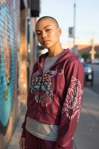 Ed Hardy Retro Tiger Graphics Burgundy Front Zipper Cropped Woman's Hoodie Sz L - Picture 1 of 8