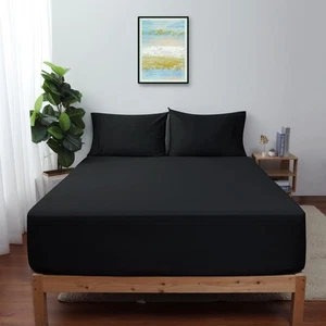 Twin Size Fitted Sheet Only Black 100% Egyptian Cotton 600 Thread Count 16" D... - Picture 1 of 7